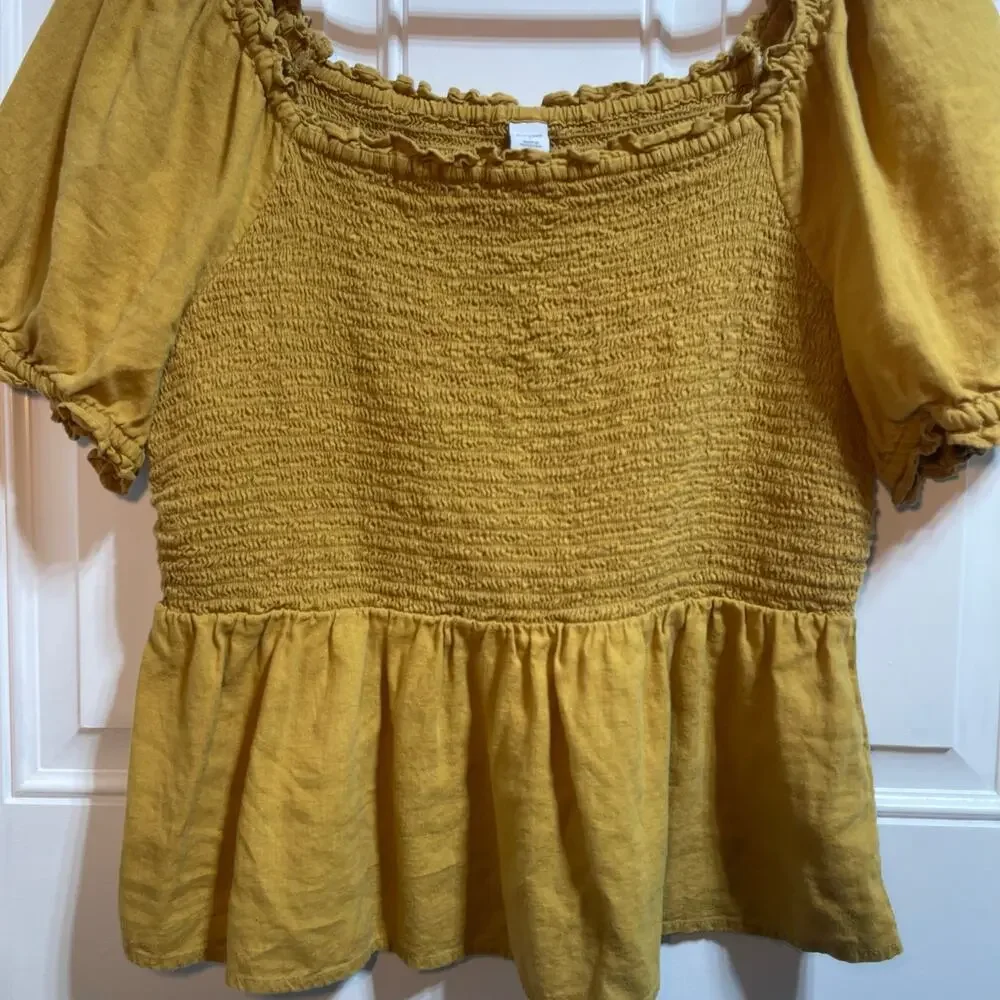 Old Navy Puff Sleeve Smocked Peplum Blouse Mustard Yellow Linen Women's Large